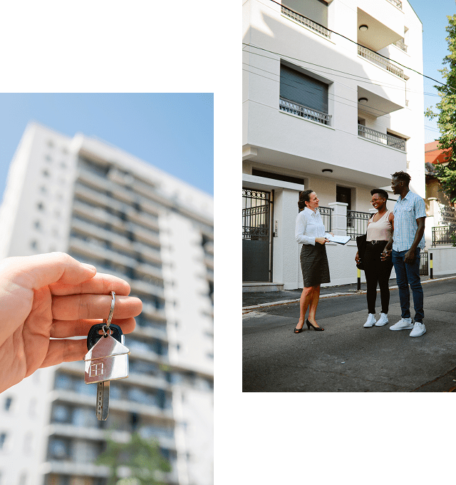 Couple talking to real estate agent outside
