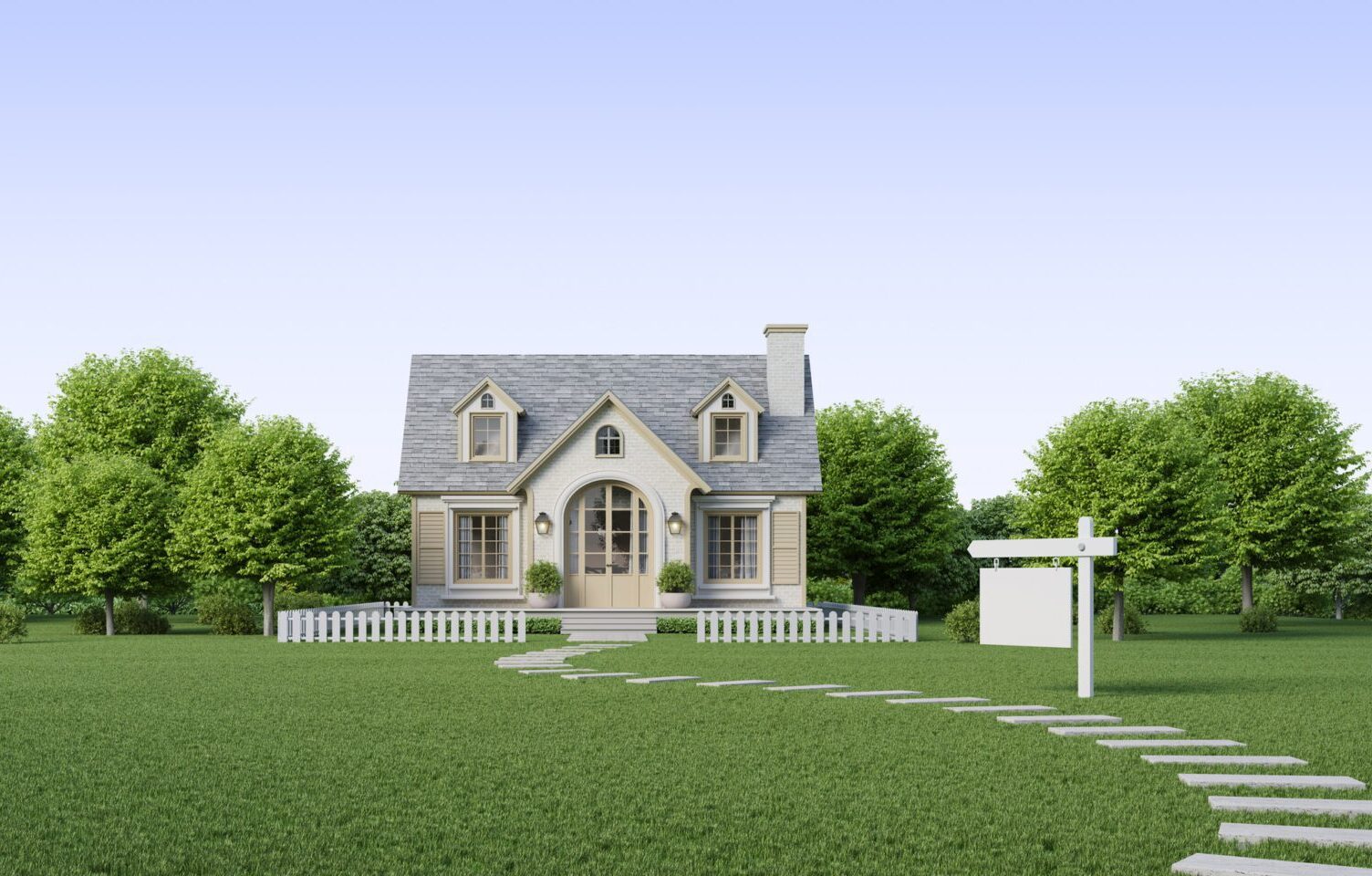 Cottage cute house on lawn grass with blank sign for real estate. 3d rendering